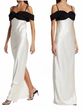 Brandon Maxwell Off-The-Shoulder Silk Draped Black Bow Accent Maxi Dress Gown